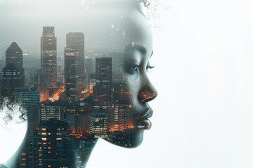 Double exposure effect that seamlessly merges cityscape with profile of woman, modern life, boundaries between personal identity, creative project, psychological depth, between nature and civilization