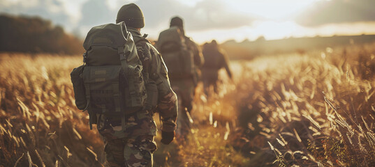 Army soldiers walk through the countryside - obrazy, fototapety, plakaty