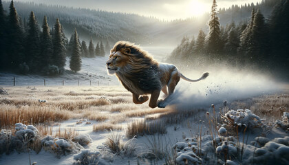 Lion running in the snow