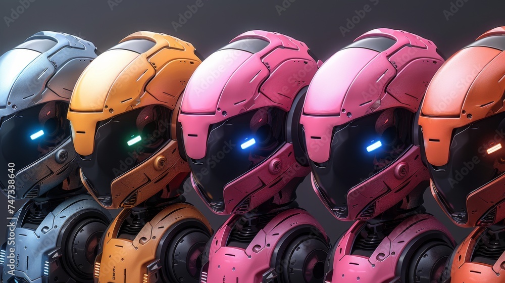 Poster An avatar set of cute robot heads with different faces. This is a icon for a chat bot.
