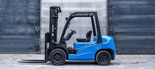 Blue empty forklift parked outdoors, cargo delivery and distribution, industrial warehouse