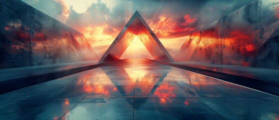 This is a 3D rendering of an abstract sci-fi tunnel, futuristic triangle spaceship corridors. - obrazy, fototapety, plakaty