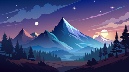 Realistic mountains landscape. Night wood panorama, stars,galaxy, pine trees and mountains silhouettes. Vector forest hiking background