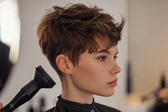 a person  with a chick pixie haircut using a hairdryer to make his hair smooth and polished, demonstrating the versatility of a short hairstyle.