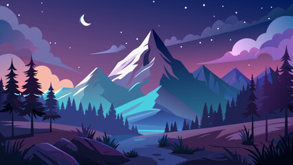 Realistic mountains landscape. Night wood panorama, stars,galaxy, pine trees and mountains silhouettes. Vector forest hiking background