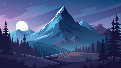 Realistic mountains landscape. Night wood panorama, stars,galaxy, pine trees and mountains silhouettes. Vector forest hiking background