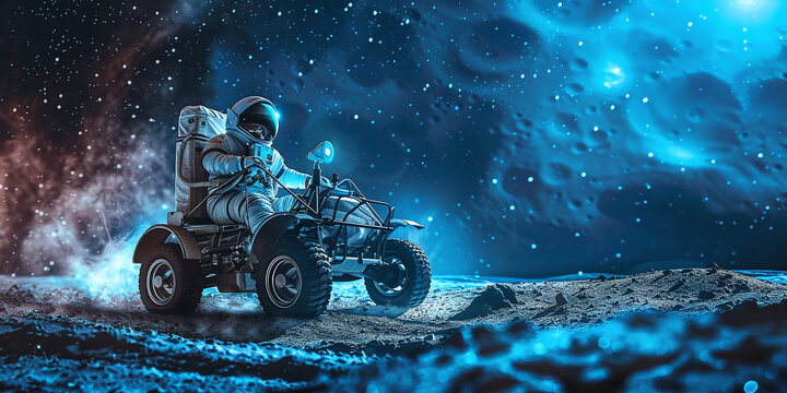 astronaut driving a lunar rover vehicle on the moon