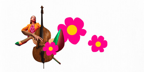 Poster. Modern aesthetic artwork. Young woman playing double bus and vivid flowers turns out of it...