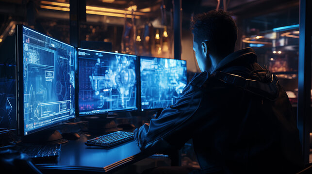 Man at futuristic workstation with multiple screens displaying advanced data and graphics