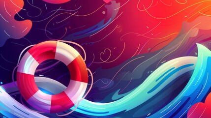 Crisis management concept with lifebuoy and stormy waves abstract illustration background - obrazy, fototapety, plakaty