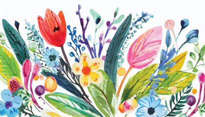 Floral greeting card. Vector illustrations of spring cute watercolor flowers, plants, leaves for invitation, pattern or background. Drawings hand-drawn with gouache paints