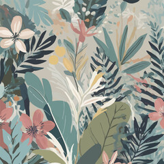 Floral tropical wallpaper. Background for the wall. Vector illustrations of trendy flowers, leaves, nature and plants in muted colors for a greeting card, poster or banner