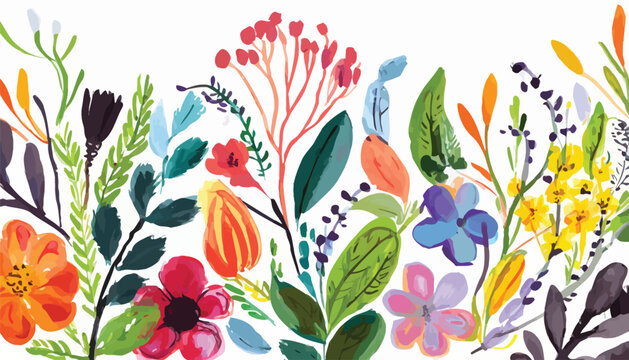 Floral greeting card. Vector illustrations of spring cute watercolor flowers, plants, leaves for invitation, pattern or background. Drawings hand-drawn with gouache paints