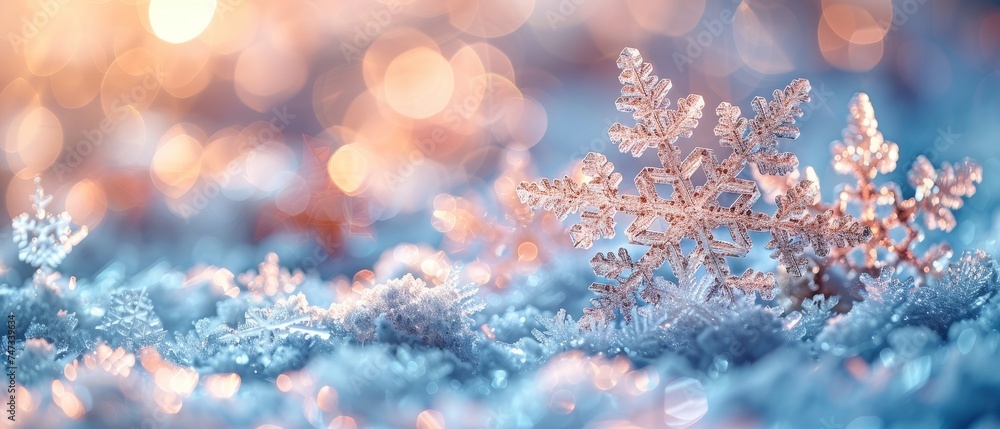 Poster featuring real snowdrift and acrylic crystals in bokeh with snowflakes on snow