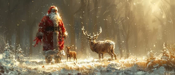 Foto op Canvas Deer and Santa Claus © Zaleman