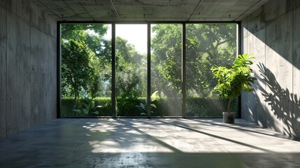 Detailed rendering of an empty concrete room with a large window in a natural setting.