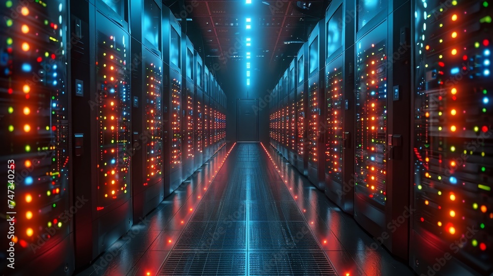 Aufkleber Working data center corridor with rack servers and supercomputers projected with a high level of Internet visualisation.