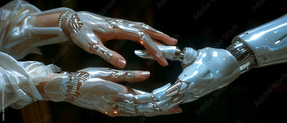 Poster Robot and human hands touch on a network connection concept with artificial intelligence.