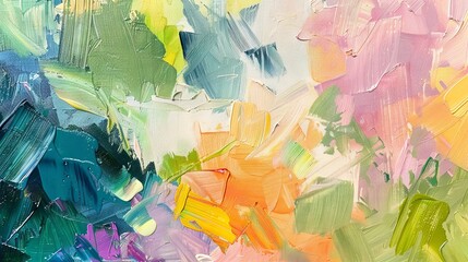 Detailed view of a colorful, abstract oil painting, emphasizing the dynamic flow and energy of the brush and palette knife strokes.