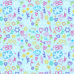 Seamless pattern scribble shapes blue background kid drawings