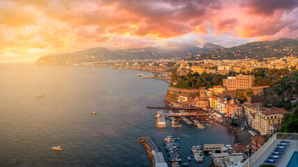 Landscape with Sorrento at sunset time, amalfi coast, Italy