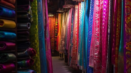 Assorted Colorful Saris on Display in a Textile Shop
