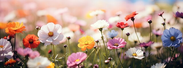 Meadow with vibrant flowers and a blurred background, creating a picturesque floral Banner