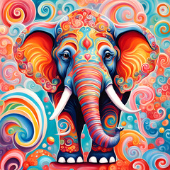 A colorful elephant with wavy lines and circle pattern, fantasy