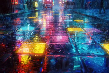 Cyberpunk neon reflections: rainy urban scene with neon lights & puddles