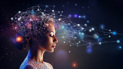 Profile of woman with digital neural network artificial intelligence and cognitive technology - obrazy, fototapety, plakaty