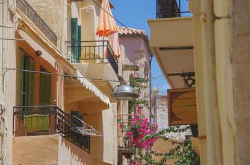 Picturesque scenic narrow alleys with traditional cobblestone streets and Souvenir shops in Old...