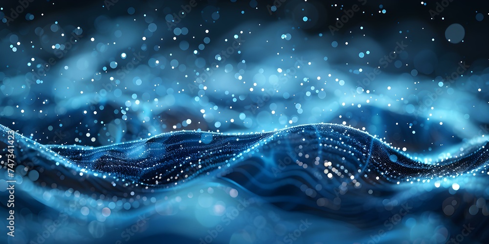 Poster a dynamic display of numerous tiny blue particles and swirling lines. concept blue particles, swirli
