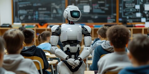 Students engaged in a coding lesson with a robotic teacher in class. Concept Coding Lesson, Robotic Teacher, Classroom Environment, Student Engagement, Future Technology