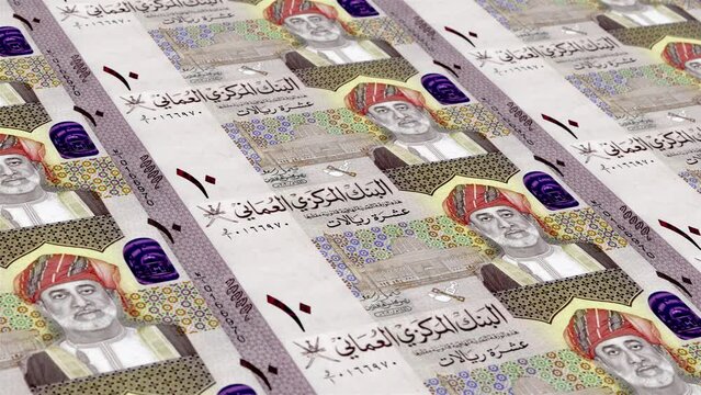 Oman Omani Rial 10  Banknotes Money Printing House, Printing Ten Omani Baisa, Printing Press Machine Print out Omani Rial, Being printed by currency press machine 10 Omani Rial banknote