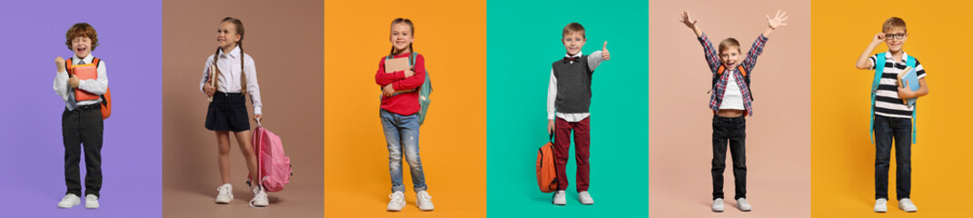 Happy schoolchildren on color backgrounds, set of photos