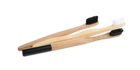 Natural bamboo toothbrushes with soft bristles isolated on white