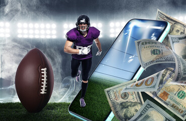 Win on sports betting, online bookmaker service. American football player, ball, mobile phone and...