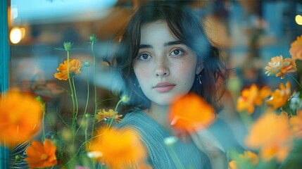 A happy woman with black hair admires flowers from a window