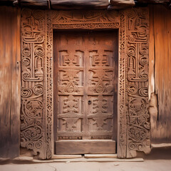 Rustic wooden door with intricate carvings.