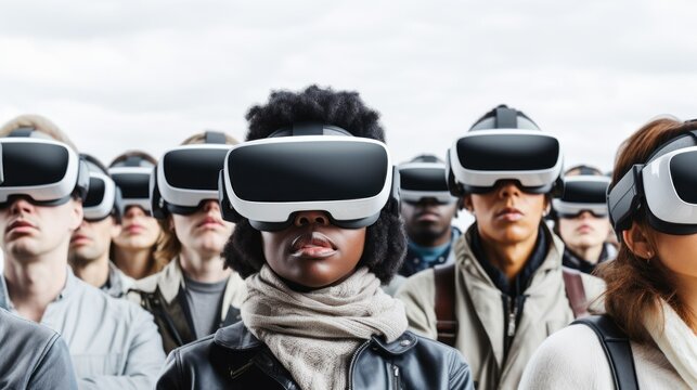 stock banner, crowd of people and everyone wearing virtual reality glasses om a white background. soft focus