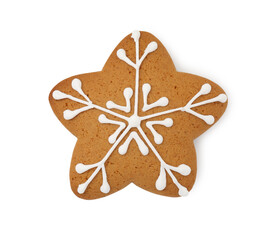 Tasty star shaped Christmas cookie with icing isolated on white, top view