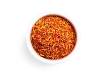 Fototapeta premium Aromatic saffron in bowl isolated on white, top view