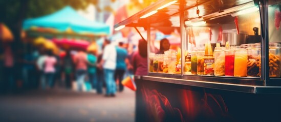 Street food stand. street festival. blurred background. fast food, food market, travel, mockup....