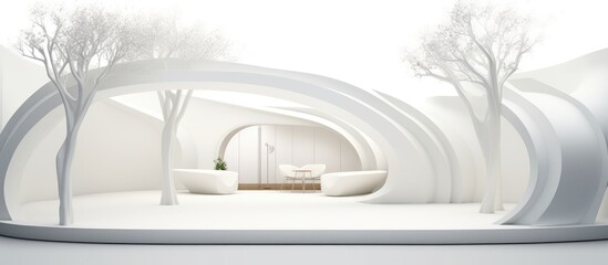A white room featuring trees and a couch placed within it. The minimalist design of the room is accentuated by the presence of natural elements like trees,