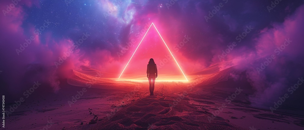 Poster a modern futuristic neon abstract background with a large triangle glowing purple object at the cent