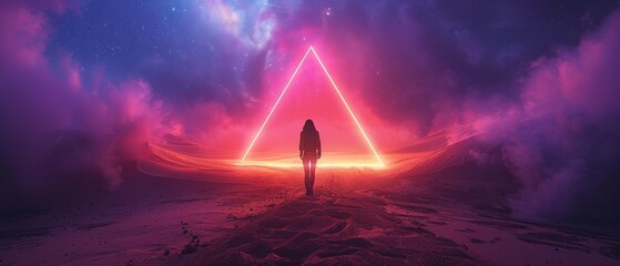 A modern futuristic neon abstract background with a large triangle glowing purple object at the center of sand dunes and a lonely woman walking through a desert.
