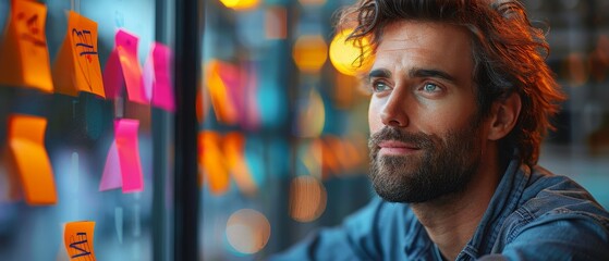 The picture shows a thoughtful male programmer looking at sticky notes on the window of his office at a tech start-up