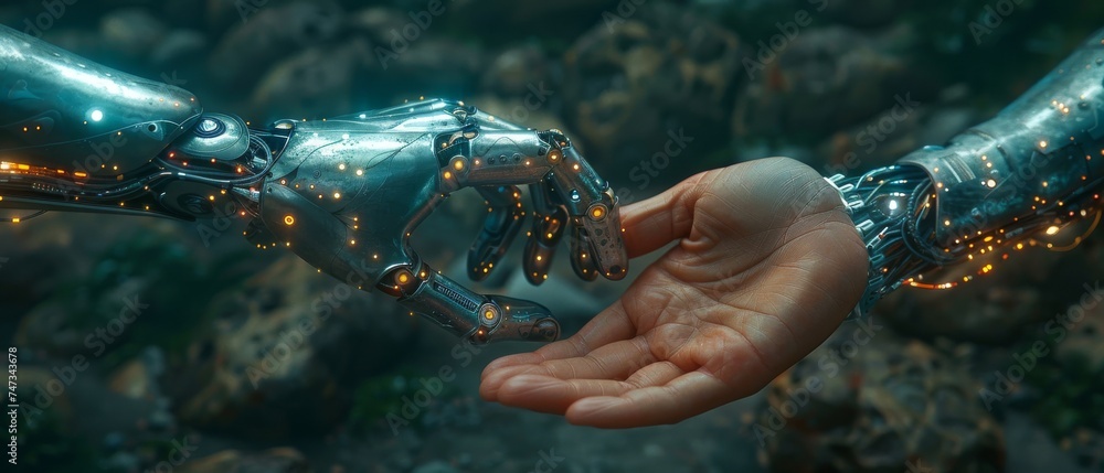 Poster Human and robot hands touching a global virtual network interface. Concept of artificial intelligence.