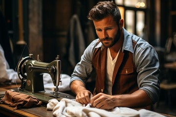 handsome tailor sewing fabric with a sewing machine