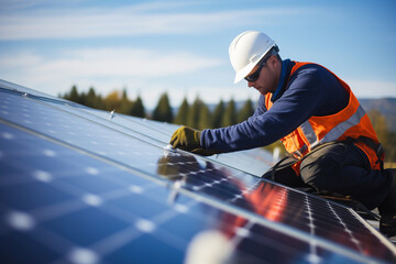 Solar technician worker installing photovoltaic panels on roof